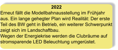 2022 Erneut fällt die Modellbahnausstellung im Frühjahr aus. Ein lange gehegter Plan wird Realität: Der erste Teil des BW geht in Betrieb, ein weiterer Schwerpunkt zeigt sich im Landschaftbau. Wegen der Energiekrise werden die Clubräume auf stromsparende LED Beleuchtung umgerüstet.